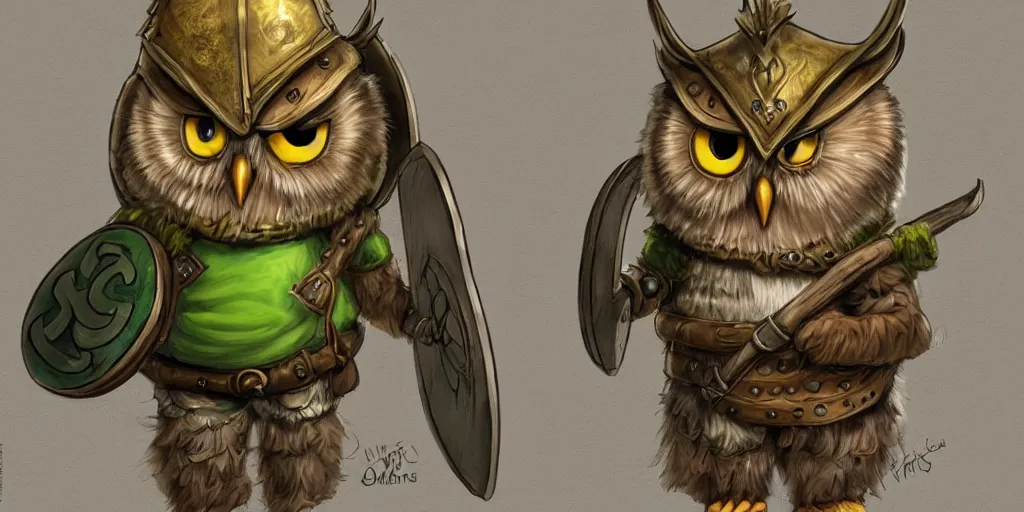 Prompt: An award winning cartoon of a highly detailed, realistic anthropomorphic owl wearing a viking helmet, shield, and green shirt. Character commission. Artstation.