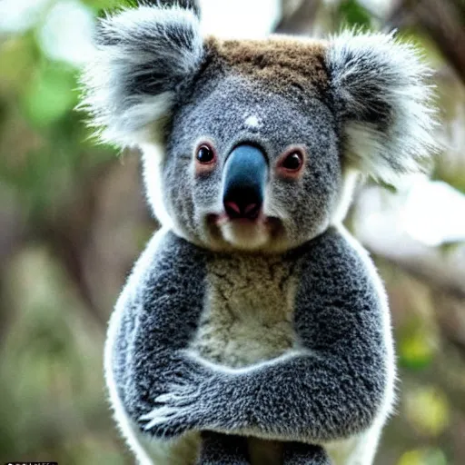 Prompt: Koala Bear with human facial features and fu man chu stache, fearsome stare