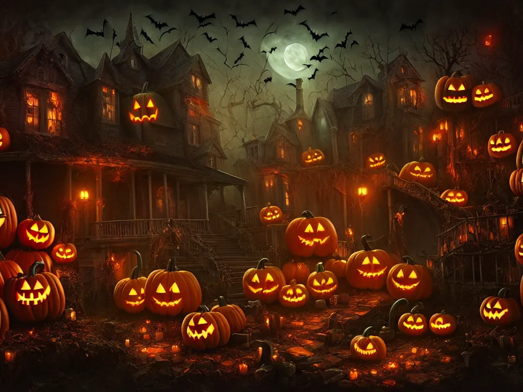 Prompt: spooky Halloween party, Fantasy Hyper detailed digital matte painting, concept art, hyperrealism, Cinema 4D, 8k resolution, 64 megapixels, coherent, bokeh, CGSociety, ZBrush Central, behance HD, hypermaximalist, a masterpiece, 4K.
