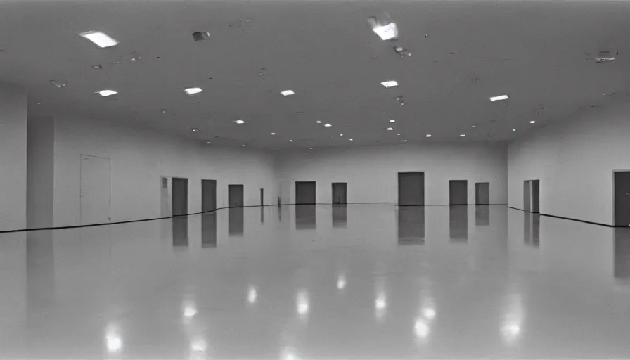 Prompt: 60s movie still of a sovietic stalinist style empty art museum with a soviet congress with yellow wall, ROLLEI SUPERPAN 200, liminal Space style, heavy grain