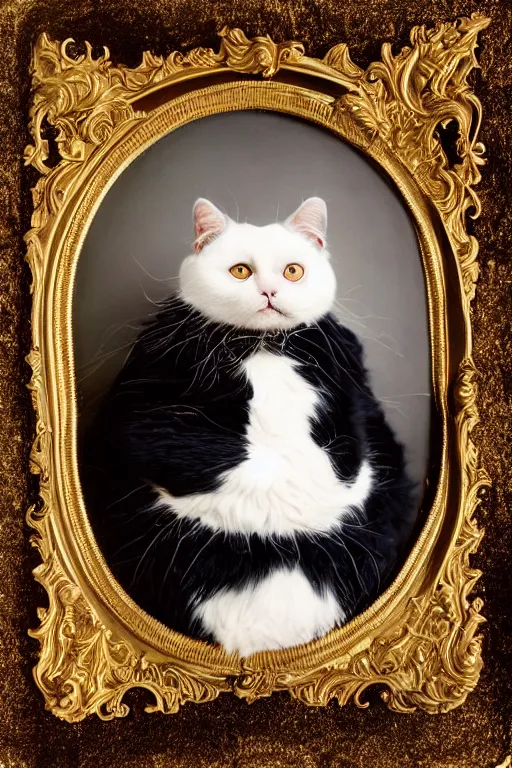 Prompt: a magnificent tintype portrait of a silly looking fluffy fat cat on an embroidered velvet cushion on a neo - rococo gilded little bed with precious stones, ball of yarn, by david lachapelle, photorealistic, photography, wide shot