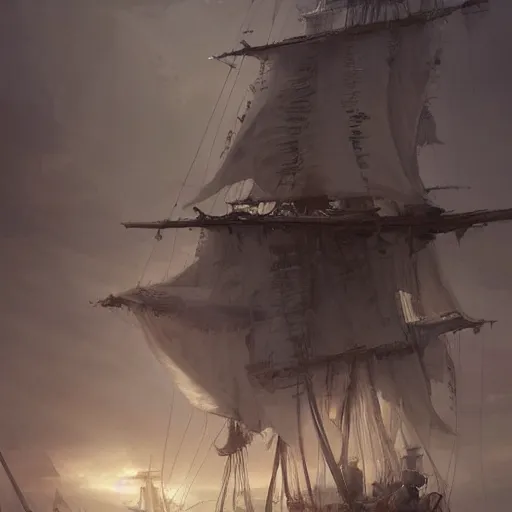 Image similar to detailed white pirate ship with hundreds of white feathers by greg rutkowski, enigmatic atmosphere, beautiful and cinematic lighting, artstation hq.