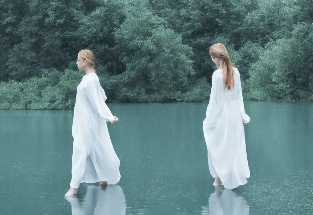 Image similar to digital art of a female figure walking in the middle of a lake wearing ethereal white clothing. lush nature. blue tint.