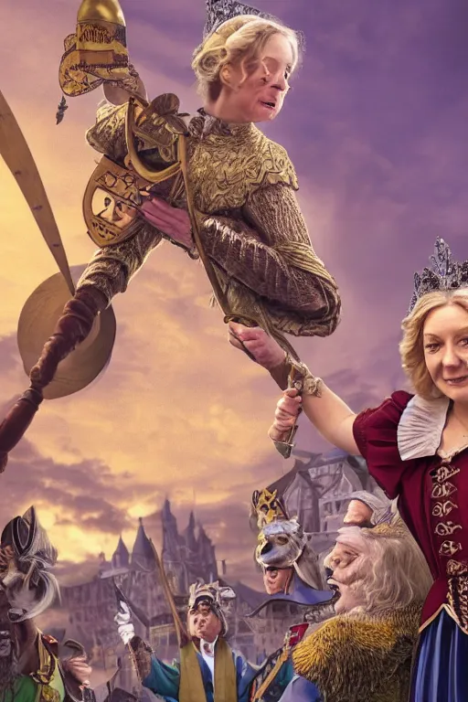 Image similar to intricate color photo of liz truss collecting taxes as the sheriff of nottingham, 8 k octane beautifully detailed render