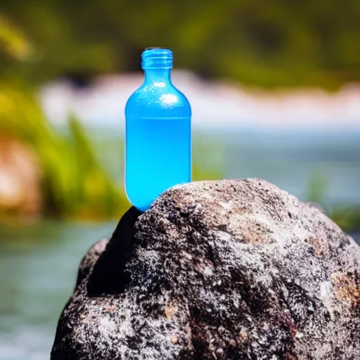 Image similar to bottle on a rock floating in the blue water surrounded by plethora of fauna and flora, bright blue skies up close shot, white background, zen, light, modern minimalist f 2 0 clean