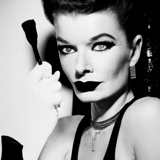 Image similar to a fashion hotel room photo portrait of a young Katherine Hepburn, full makup, smokey eye, medium shot. In the style of Helmut newton, robert maplethorpe, Stefano Brunesci, Lachlan Bailey, Herb Ritts, Ellen Von Unwerth, Haris Nukem.