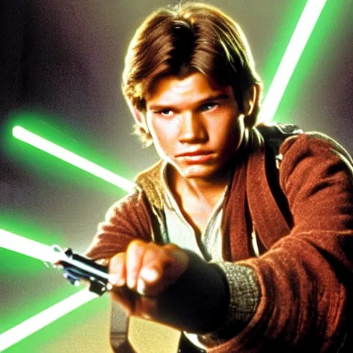 Image similar to A full color still from a film of a teenage Han Solo as a Jedi padawan holding a lightsaber hilt, from The Phantom Menace, directed by Steven Spielberg, 35mm 1990