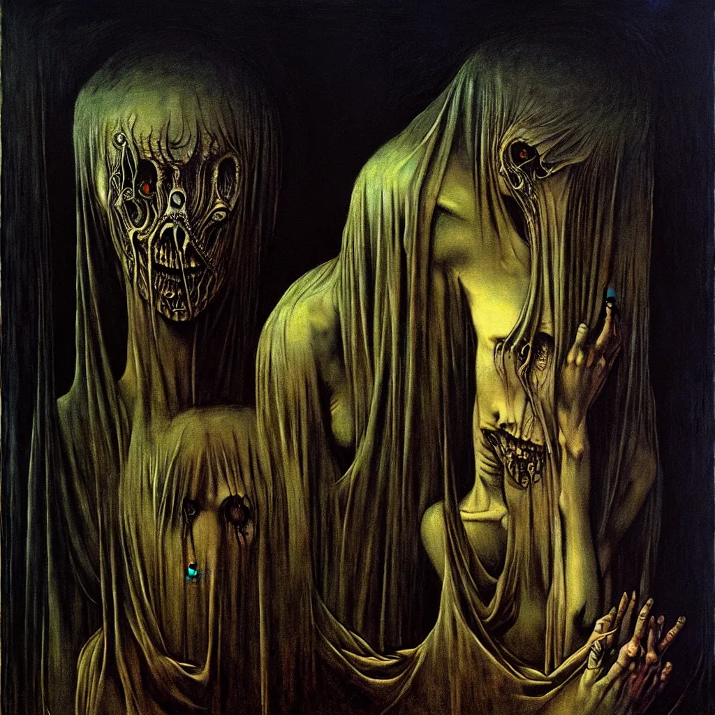 Image similar to a painting by beksinski, Giger, and Caravaggio