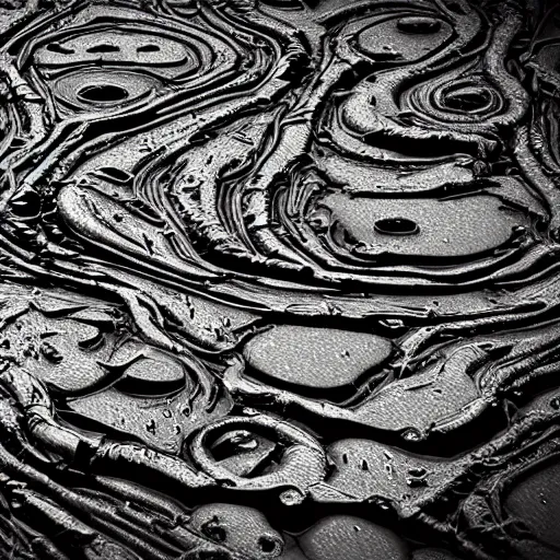 Prompt: entities, muck and geoglyphs, geometric patterns, chrome texture, drippy, goo, impossible structures, decayed, broken pieces, black and white, rendered in cinema 4 d, highly detailed, alien, experimental