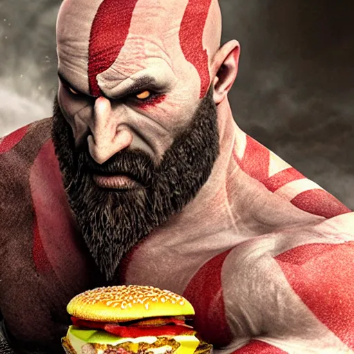 Image similar to kratos from god of war eating a cheeseburger