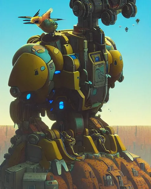 Image similar to bastion from overwatch, pet bird, character portrait, portrait, close up, concept art, intricate details, highly detailed, vintage sci - fi poster, retro future, in the style of chris foss, rodger dean, moebius, michael whelan, katsuhiro otomo, and gustave dore