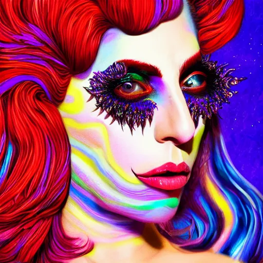 Image similar to an extremely psychedelic portrait of lady gaga as willy wonka, surreal, lsd, face, detailed, intricate, elegant, lithe, highly detailed, digital painting, artstation, concept art, smooth, sharp focus, illustration,