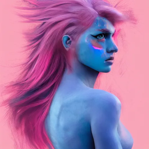 Image similar to beautiful warrior angel with pink hair, upper body, blue piercing eyes, mystery, beautiful aesthetic, by james jean, trending on artstation, 8 k, ultra realistic