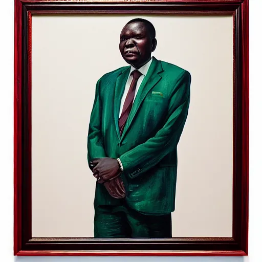 Prompt: a painting of a XXL wise elder from Kenya in a suit by Kehinde Wiley . Fatherly/daddy, focused, loving, leader, relaxed,. ethereal lights, details, smooth, sharp focus, illustration, realistic, cinematic, artstation, award winning, rgb , unreal engine, octane render, cinematic light, macro, depth of field, blur, red light and clouds from the back, highly detailed epic cinematic concept art CG render made in Maya, Blender and Photoshop, octane render, excellent composition, dynamic dramatic cinematic lighting, aesthetic, very inspirational, arthouse.