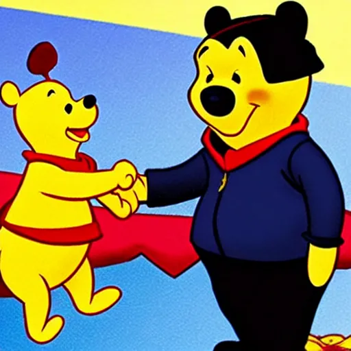 Prompt: winnie the pooh and xi jinping shaking hands in front of press