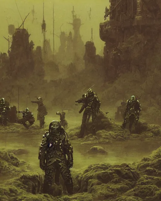 Image similar to group of sardaukar soldiers in a chlorine swamp, retrofuturism sci - fi old movie, highly detailed, photorealistic, 8 k, by beksinski and stalenhag