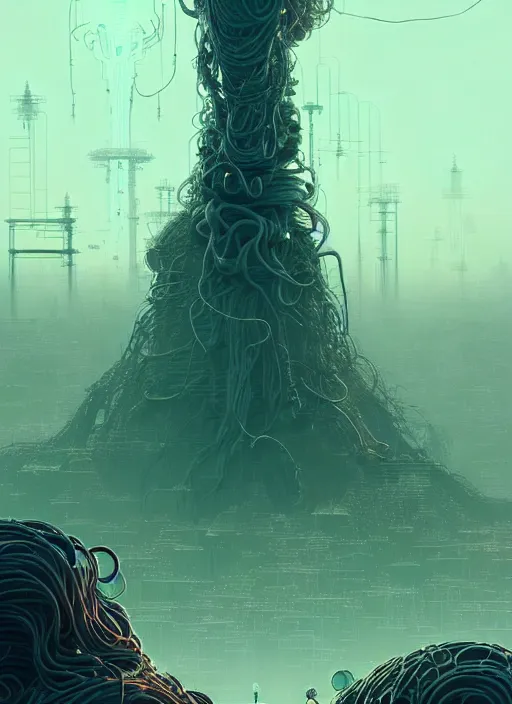 Image similar to highly detailed portrait of a biopunk long curly white hair tribal lady, stray wiring by atey ghailan, james gilleard, by joe fenton, by greg rutkowski, by greg tocchini, by kaethe butcher, 4 k resolution, gradient green, black and white color scheme!!! ( ( irradiated robotic spire landscape background ) )