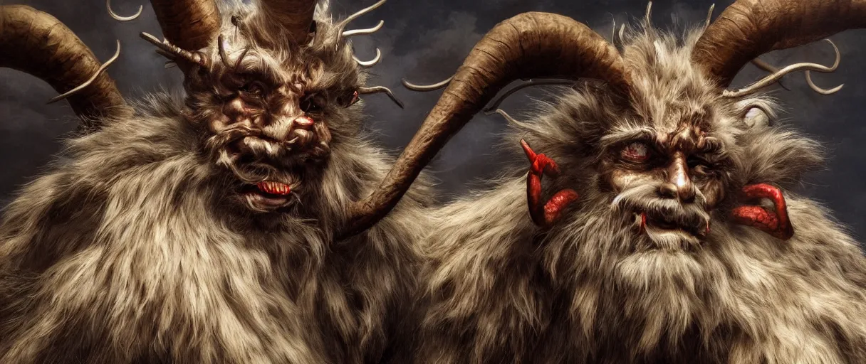 Image similar to hyperrealist highly detailed neo-baroque portrait of krampus standing in dolomites concept art pascal blanche dramatic studio lighting 8k wide angle shallow depth of field