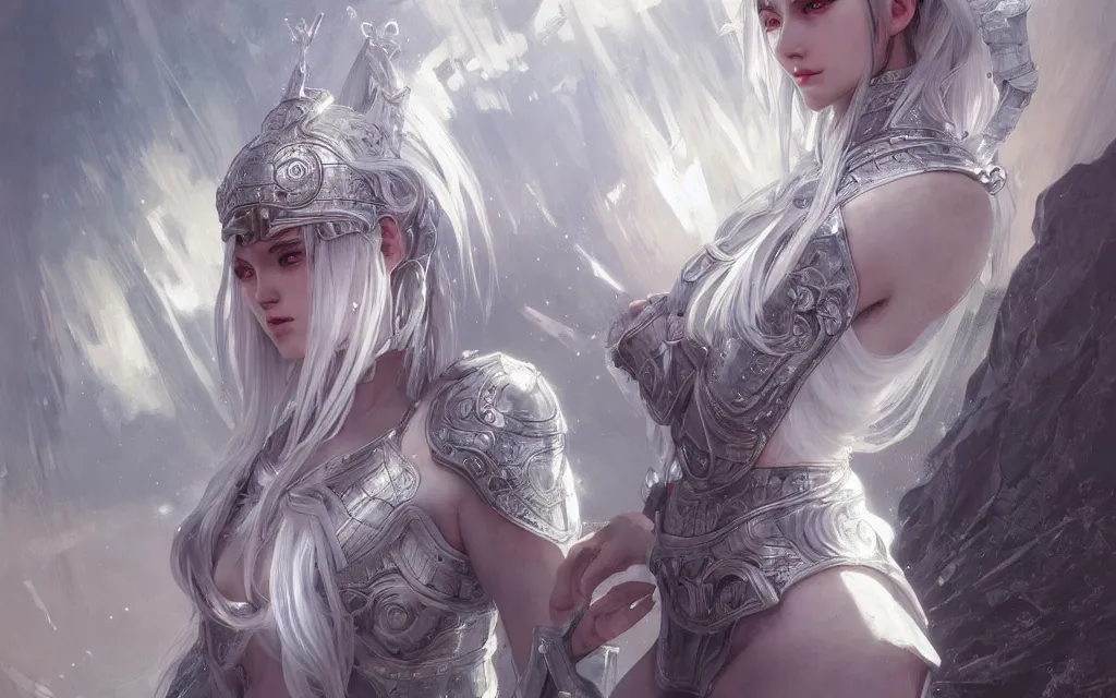 Image similar to portrait white hair knights of zodiac girl, sliver ice color reflected armor, in ruined agora of athens sunrise, ssci - fi and fantasy, intricate and very very beautiful and elegant, highly detailed, digital painting, artstation, concept art, smooth and sharp focus, illustration, art by tian zi and wlop and alphonse mucha