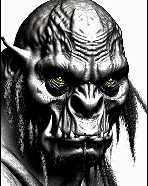 Image similar to orc, hyper realism, fine details, deviantart artstation, extremely detailed, black and white, very sharp, in the style of albrecht durer