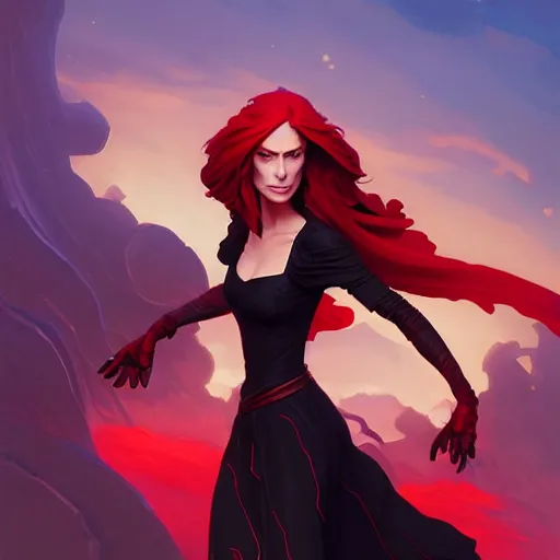 Image similar to beautiful female mage with red hair, keira knightley, black clothing, dark feathered wings, intricate, highly detailed face, cory behance hd by jesper ejsing, by rhads, makoto shinkai and lois van baarle, ilya kuvshinov, rossdraws global illumination