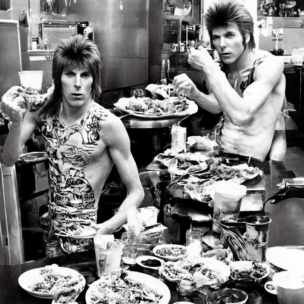 Prompt: ziggy stardust eating tacos clean 7 0 s kodak photo look ultra detailed