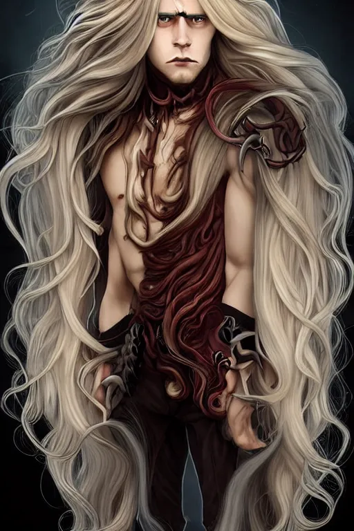 Image similar to digital art of a pale menacing Demon of Battle with long blond curls of hair and piercing eyes, young androgynous male, central composition, he commands the fiery power of resonance and wrath, very very long blond curly hair with bangs!!!, Center parted bangs, fringe, baroque curls, tight rolled drill curls, by Ross Tran Rossdraws and WLOP, Artstation, CGsociety