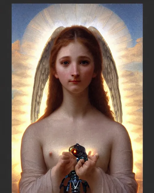 Image similar to female angel with solarpunk mecha humanoid robotic parts with bright led lights, pudica pose gesture, by bouguereau, ultra - realistic and intricate, hdr 8 k
