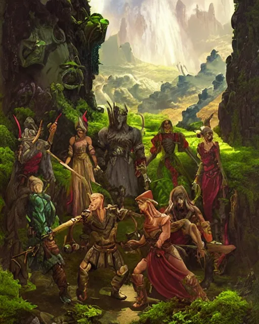 Prompt: epic fantasy full cast movie poster starring a peasant with green skin and an angry orc warrior and a pretty elf spy and a backdrop of an orc army and planets realistic oil painting by Thomas Cole and Wayne Barlowe
