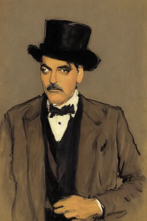 Image similar to portrait of george clooney as a gentleman wearing an edwardian suit and top hat by walter sickert, john singer sargent, and william open