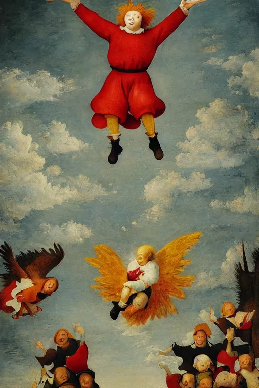 Prompt: ronald mcdonald as an angel ascending into the heavens with wings made of french fries, cute winged chicken nuggets flying all around, halo, sunbeams, clouds, oil on panel, by pieter brueghel