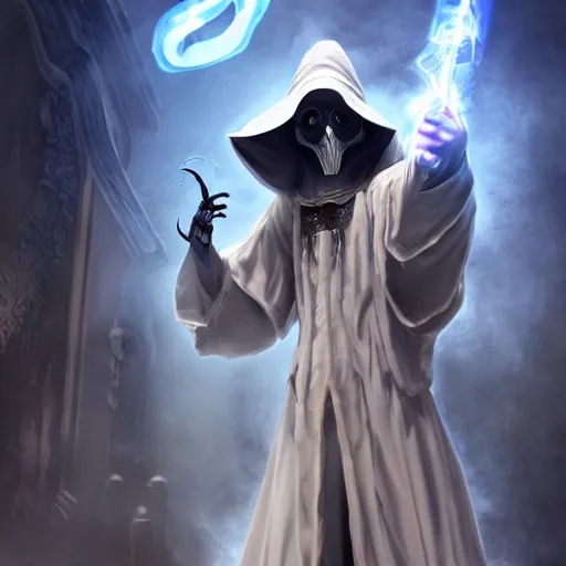 Prompt: a wizard wearing a white plague mask with a blue robe using a magical spell, white plague doctor mask, d & d character design art, gta cover art, gta loading screen art, digital art, unreal engine 5