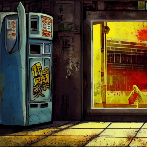 Prompt: incredible wide screenshot, ultrawide, simple watercolor, rough paper texture, ghost in the shell movie scene, girl in a dress running through a city, yellow parasol in deserted dusty shinjuku junk town, broken vending machines, bold graphic graffiti, old pawn shop, bright sun bleached ground, mud, fog, dust
