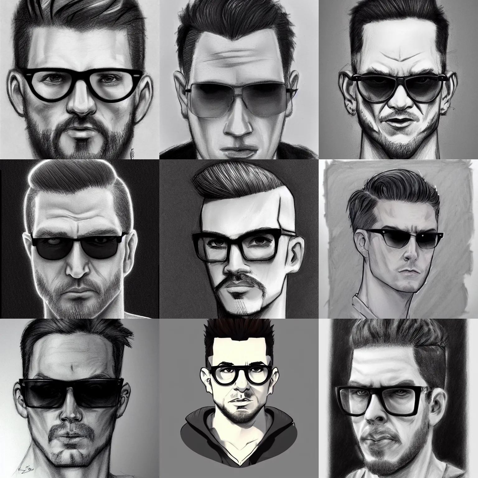 Prompt: artstation style white man, short curly, undercut hairstyle, short goatee, ray - ban glasses, menacing look, charcoal drawing