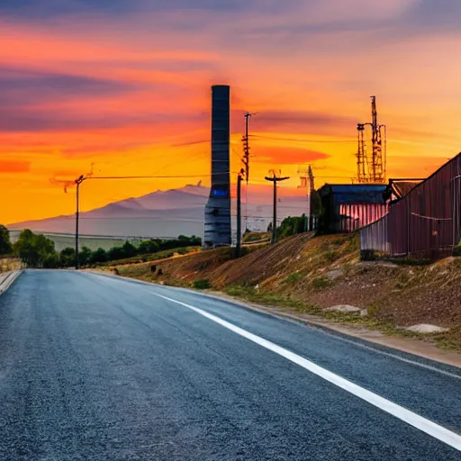 Image similar to a road next to warehouses, and a hill background with a radio tower on top, sunset, hot day