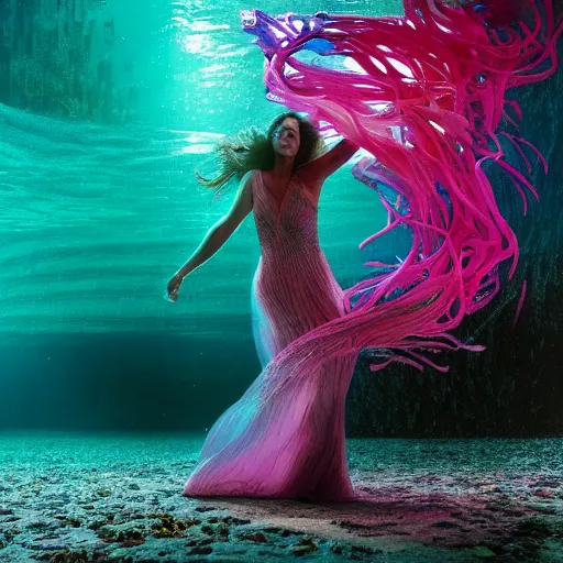 Prompt: jennifer connelly dancing underwater wearing a very long dress made of a chaos of neon colors and lights flowing sideways in a strong current of water, coral sea bottom, octane render, caustics lighting from above, cinematic, hyperdetailed