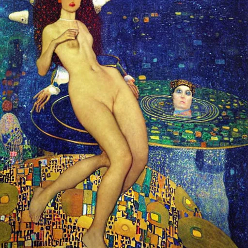 Image similar to portrait of a surreal goddess floating in front of a futuristic ancient Atlantis, painting by Gustav Klimt and Gil Elvgren