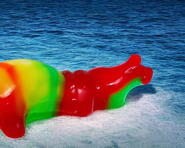 Image similar to a giant sculpture of a giant gummy bear on the ocean water, side shot, award winning, hyper - realistic, very detailed, realistic water, water splashes, ray tracing, 8 k resolution, long - shot, sharp focus, low angle, 8 5 mm photograph, wide lens