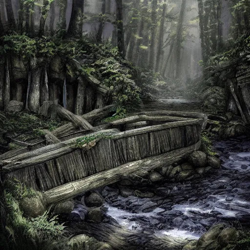 Prompt: old rickety bridge over a stream within a dark dying forest, high resolution, highly detailed, dark fantasy, digital art