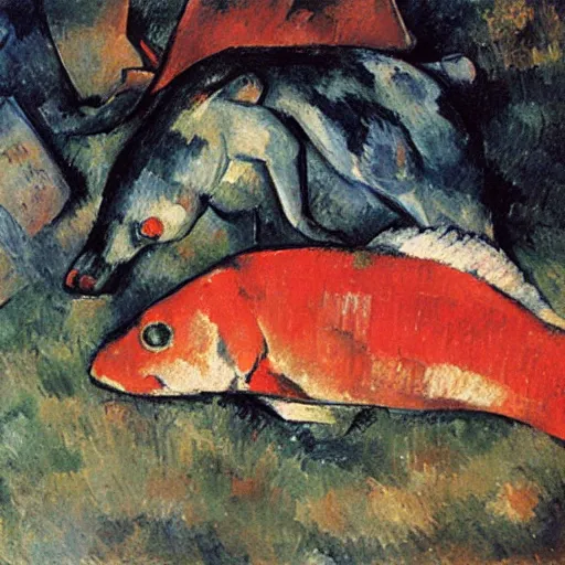 Image similar to dog with red fishes, by cezanne, oil on canvas