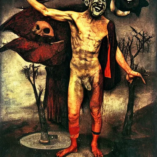 Prompt: 1 9 8 1 distressed kodachrome photo of mephistopheles in the style of jan saudek, heironymus bosch, joel peter witkin, pieter bruegel the elder, gustave dore, annie liebovitz