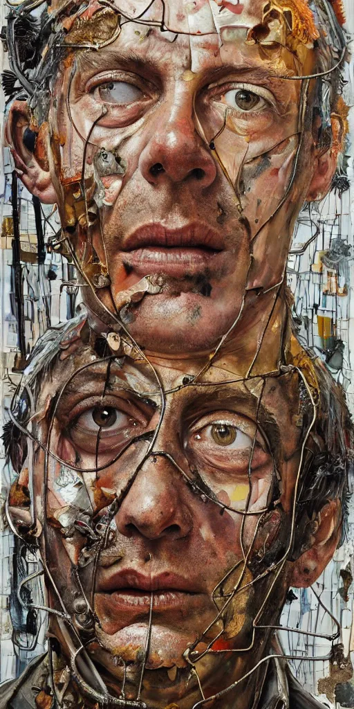 Prompt: a full length portrait of a very ordinary middle-aged man with a terrified expression, Anselm Kiefer and Lucian Freud and Jenny Saville, oil painting, rust, Scaffolding, rusted metal and sunflowers, iron cladding, decay, mixed media, textured, anatomically correct, beautiful perfect face, visible brushstrokes, sharp focus, twisted wire, Highly Detailed, nails, photographic emulsion cracked and peeling, Cinematic Lighting, 8k, HD