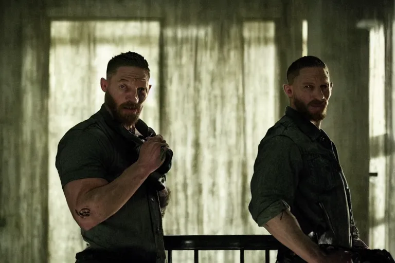 Image similar to film still of Tom Hardy as Max Payne in a dark dream next to a baby crib in the Max Payne movie, 4k