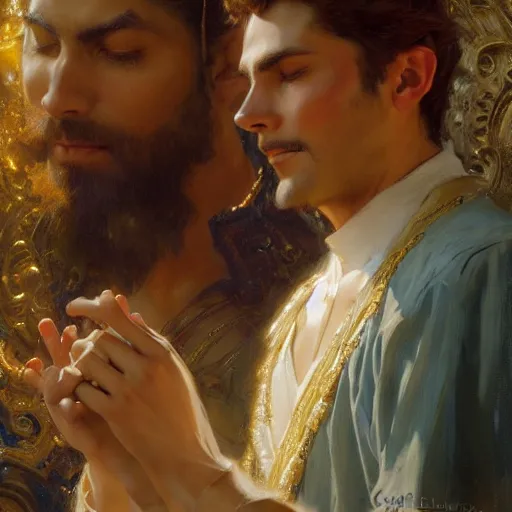 Image similar to attractive fully clothed king confesses his love for his attractive fully clothed male prince. highly detailed painting by gaston bussiere, craig mullins, j. c. leyendecker 8 k