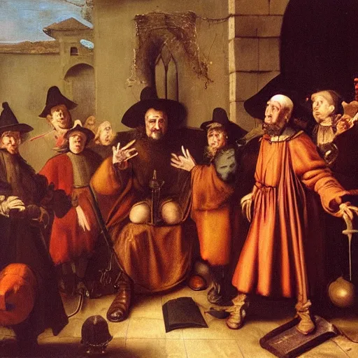 Prompt: the spanish inquisition gather round a witch, detailed, cinematic, rembrant