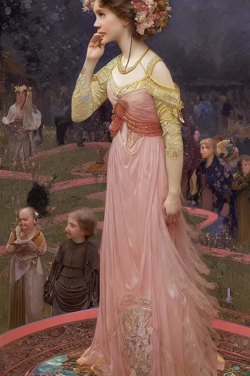 Image similar to a beautiful painting of a blushing princess in a tiara and an iridescent art nouveau gown resembling millie bobby brown watching the lantern festival in ancient london, intricate, elegant, highly detailed, digital painting, artstation, concept art, by krenz cushart and artem demura and william adolph bouguereau and alphonse mucha