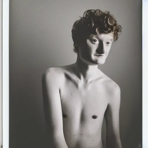 Image similar to james acaster, portrait, fashion photography, polaroid, by david bailey, mariko mori, davide sorrenti