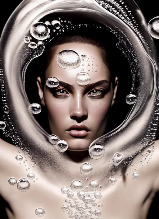 Prompt: a fierce nubile young woman with reflections in her eyes and slicked hair, swirling white bubbles and foam on her skin, elegant, graceful, fashionable, cinematic, hyperdetailed illustration by irakli nadar and alexandre ferra, intricate linework, faberge, ornamental, depth of field, global illumination,