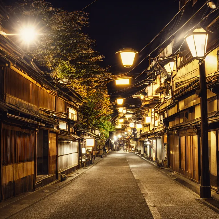 Image similar to photograph of kyoto street at night, bright street lamps, lens flare