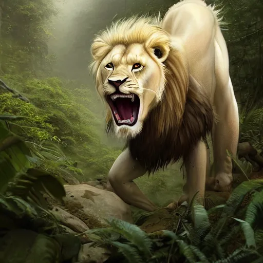 Image similar to commission portrait of a male anthro albino lion,wearing cargo pants and a boack t-shirt,going through a jungle cautiously.dramatic,character design by charles bowater,greg rutkowski,ross tran,hyperdetailed,hyperrealistic,4k,deviantart,artstation,professional photography,concept art